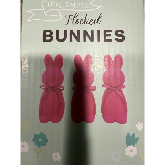 Easter Decorations Bunny Decor: Pink Flocked Rabbit Figurines Set of 3 - Picture 2 of 3